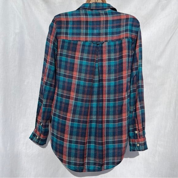 AEO Soft Plaid Flannel Boyfriend Fit Turquoise Rust Button Down Shirt - Size XS - Picture 2 of 14